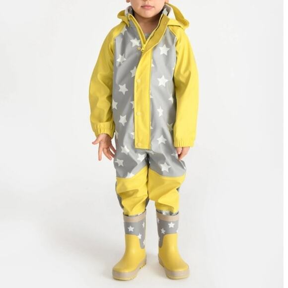 NWT 7AM Rain Coveralls Waterproof Hooded Rainy Star Print Yellow Gray 2-3T - Picture 2 of 9
